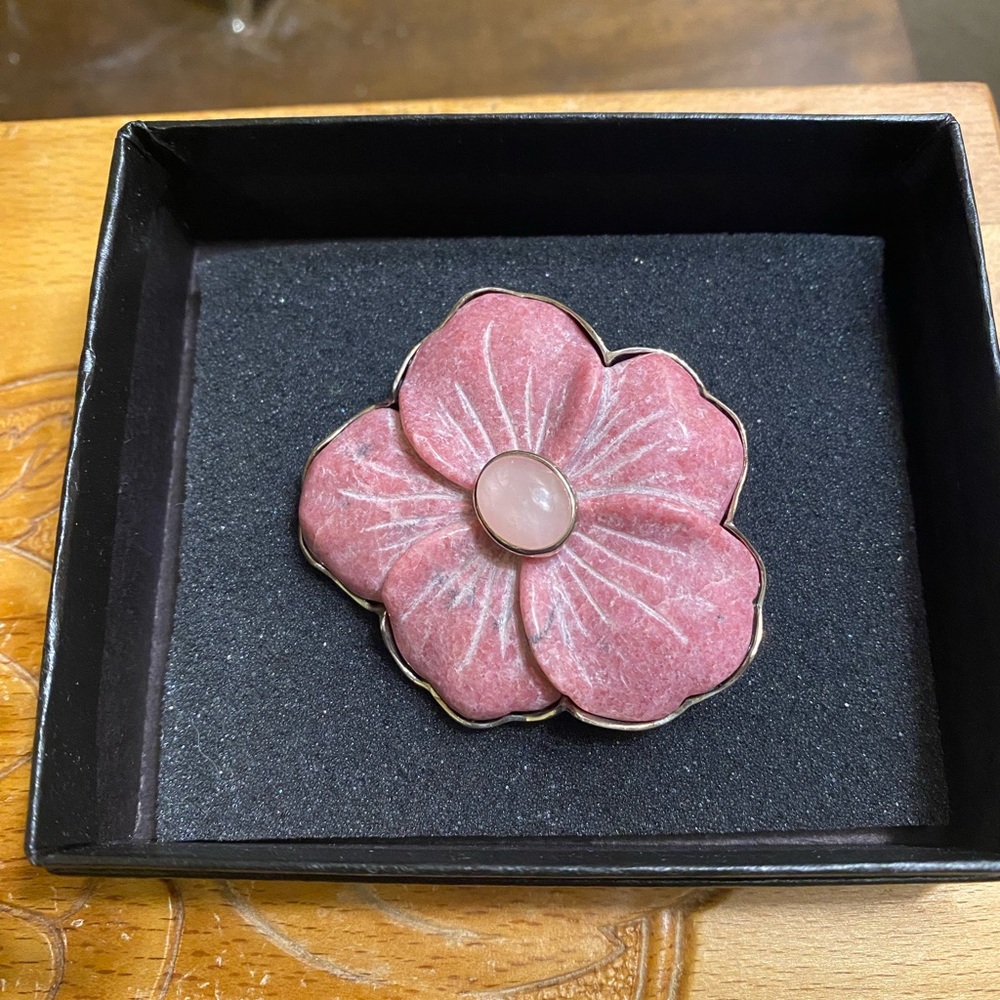 AKR designer Rhodochrosite carved Flower Sterling pendant/brooch